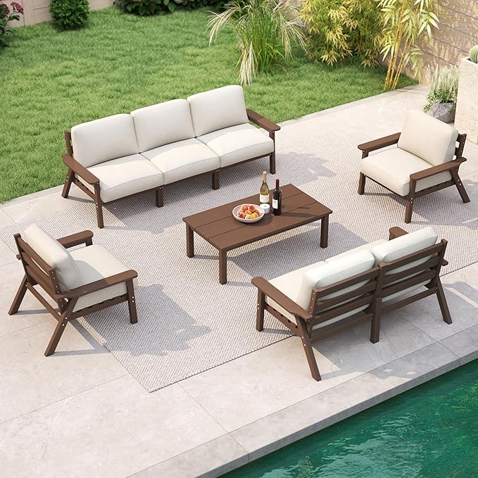 7 Piece Patio Furniture Set, HDPE Outdoor Sectional with Beige Washable Thick Cushions, Coffee Table & Side Table, Patio Conversation Sets for Lawn, Garden, Porch, Balcony (Brown Frame)