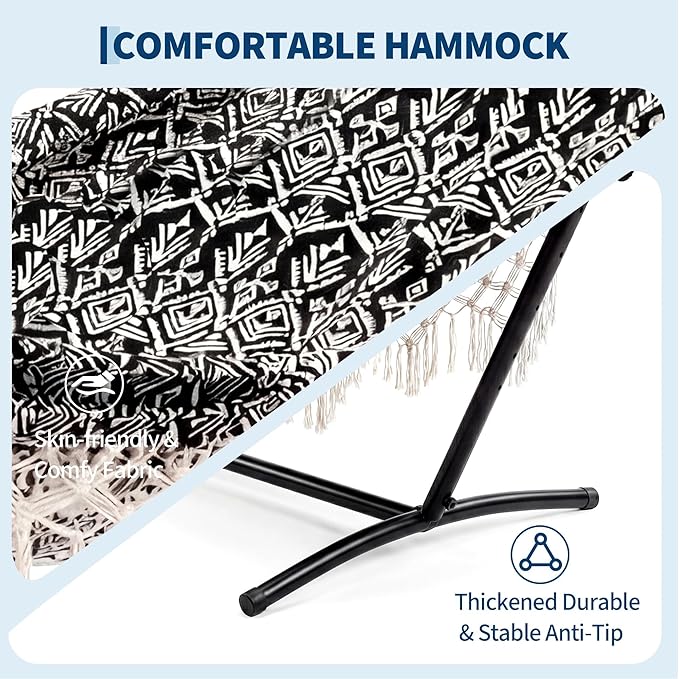 Double Hammock with Stand, 450LBS Capacity, 2 Person Large Hammock, Indoor and Outdoor Hammock, Boho Style, Perfect for Backyard Patio Beach, 9-Foot