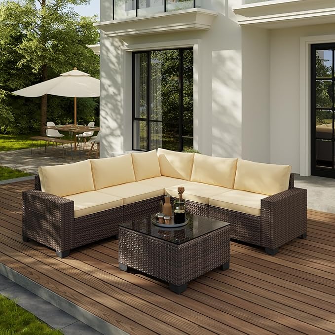 Gizoon 6-Piece Outdoor Patio Furniture Set, PE Wicker Rattan Sectional Sofa Conversation Set with Thickened Cushions, Coffee Table, All-Weather Patio Furniture for Garden, Backyard, Poolside, Beige