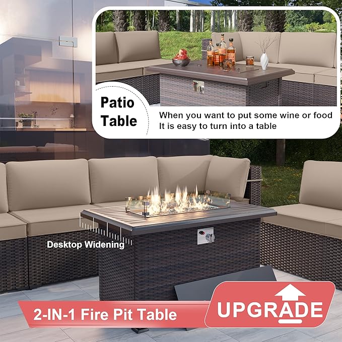 Patio Furniture Set with Fire Pit Table 15 PCS Outdoor Sectional Furniture Rattan Patio Conversation Set with 43in Propane Gas Fire Pit Table and Glass Table, Sand