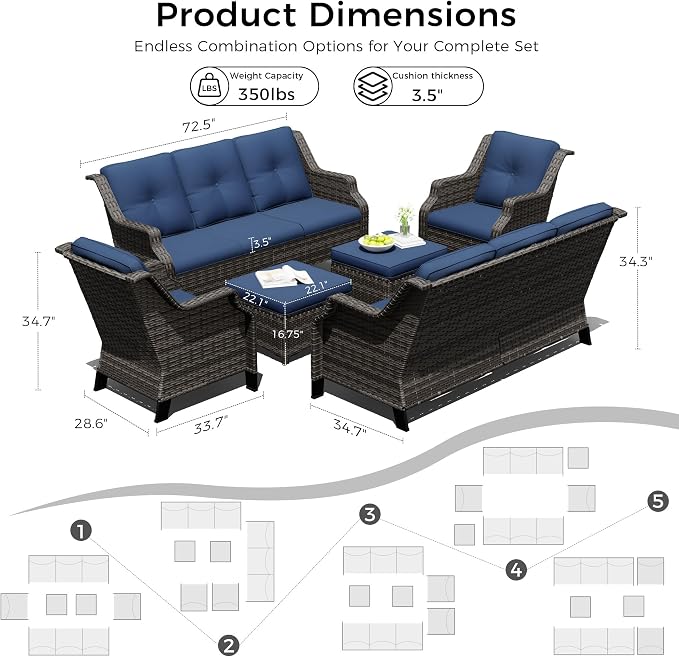 Outdoor Patio Furniture Set, 6 Piece Wicker Patio Furniture with Thick Cushions, Curved Armrest, Deep Seating, Rattan Outdoor Chairs for Porch, Deck, Balcony