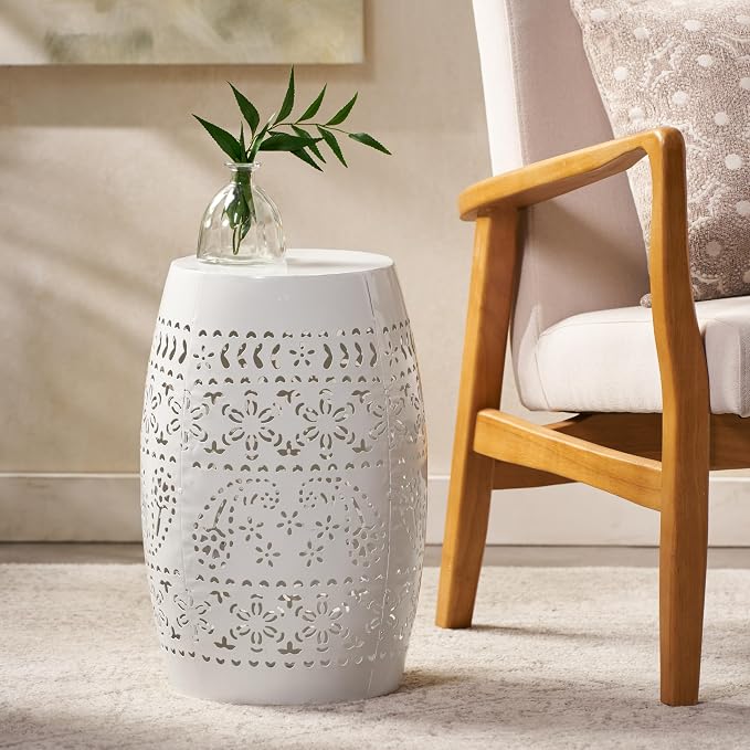 12" Outdoor Side Table, Metal Cutout Drum Side Table, Patio Garden Stool | Coffee End Tables for Small Spaces, Living Room, Backyard, Poolside