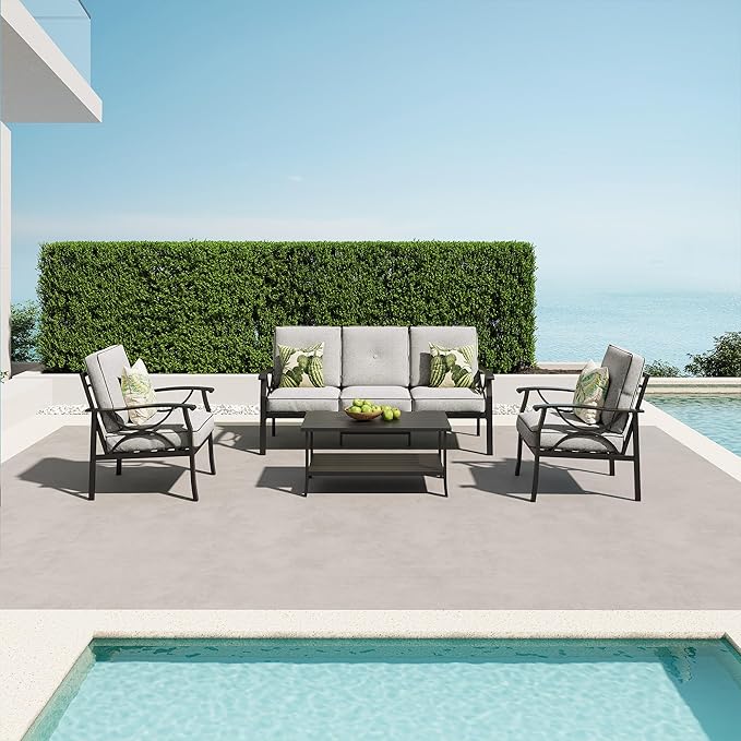 RoyalCraft Outdoor Patio Furniture Set, 4 Piece Patio Conversation Set with Coffee Table, Metal Furniture Set for Porch Backyard Garden, Black