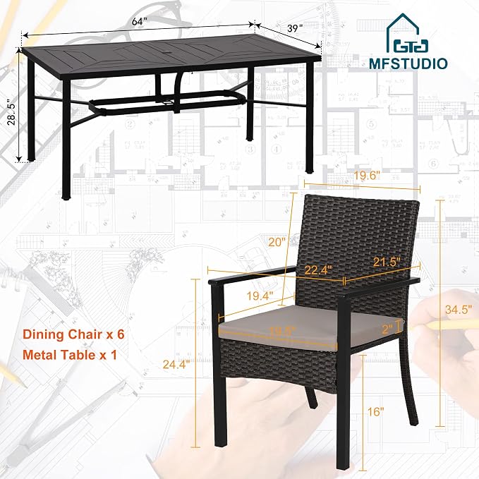 MFSTUDIO 7 Pieces Outdoor Dining Sets for 6, Rectangular Metal Dining Table & Wicker Chairs, Patio Table and Chairs Dining Furniture for Deck, Yard, Porch