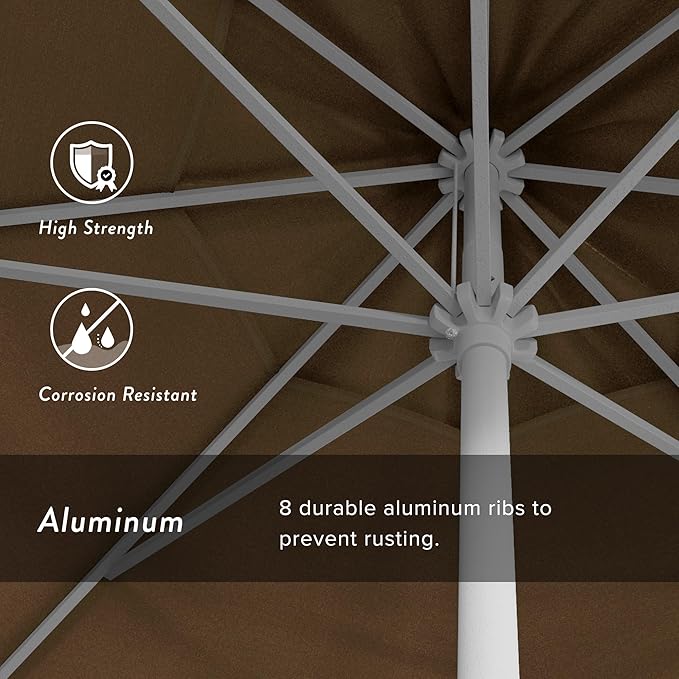 California Umbrella 12-Year Protection 9' Rd Aluminum Patio Umbrella, Crank Lift, Auto Tilt, White Finish, Sunbrella Heather Beige