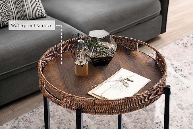 16.5in Round Rattan Side Table with Wooden Top, Small Wicker End Table, Indoor/Outdoor Use