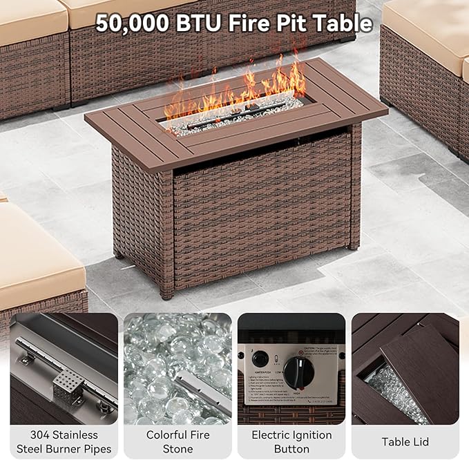 LazySunsets 12-Piece Patio Furniture Set with 44" Fire Pit Table, Wicker Outdoor Furniture, Patio Conversation Sets with Coffee Table, Outdoor Sectional Couch with Waterproof Cover, Beige