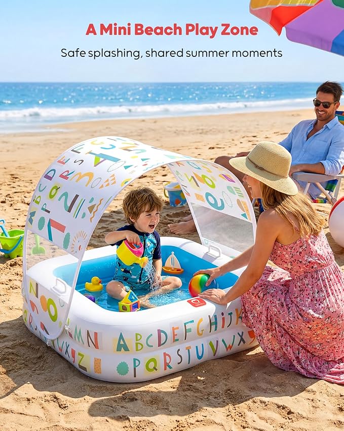 QPAU Baby Pool with Detachable Canopy for Sun Protection, 35" x 10" Portable Inflatable Kids Pool with Padded Bottom, Kiddie Pool & Ball Pit with Handles for Backyard and Indoor, Ages 1-3 (Blue)