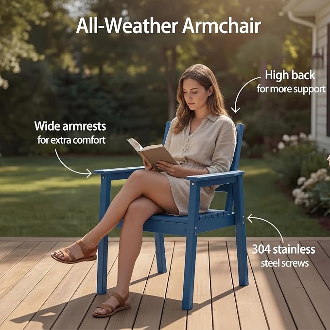 5-Piece Outdoor Dining Set, All-Weather HDPE Patio Furniture, 66.5" Slatted Table with 1.6" Umbrella Hole & 4 Ergonomic Armchairs, Heavy Duty 350lbs Capacity, UV Resistant, Blue