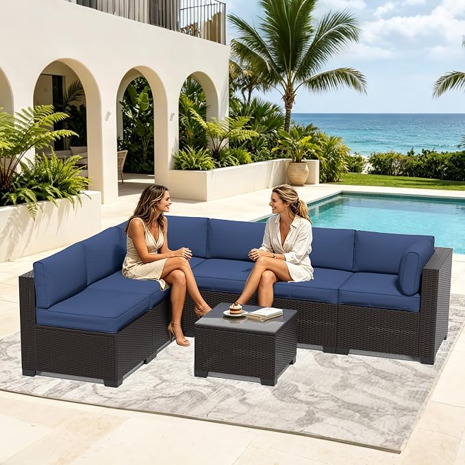 7 Pieces Outdoor Patio Furniture Set, Wicker Modular Sectional Sofa, All Weather Conversation Sets with Glass Table for Yard, Garden, Poolside, Dark Brown Rattan & Navy Blue Cushions