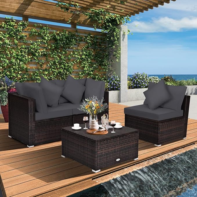 Tangkula 4 Pieces Patio Rattan Sofa Set, Outdoor Wicker Sectional Furniture Set, Patio Conversation Set with Removable Cushions & Pillows for Backyard Porch Garden Poolside Balcony (Gray)