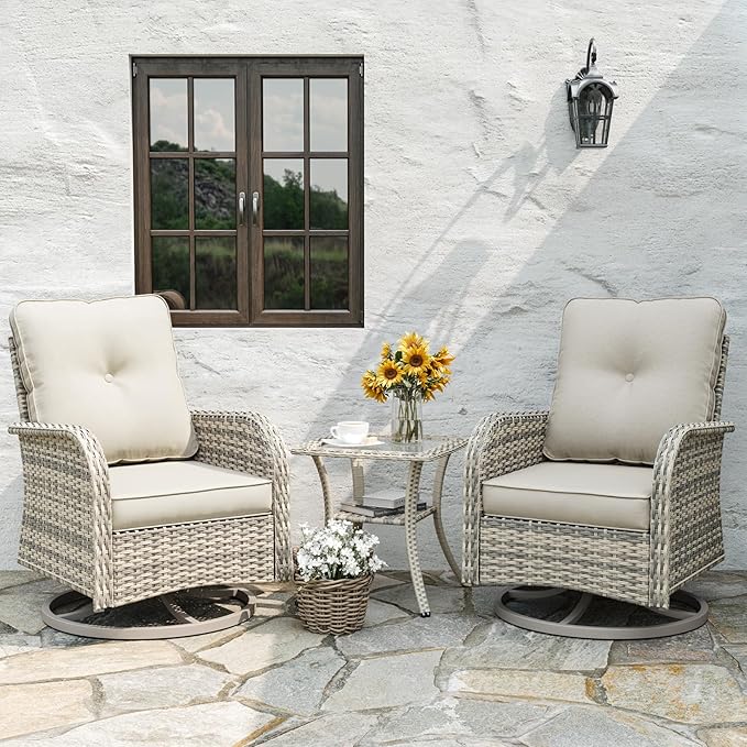 Outdoor Patio Furniture Set Patio Rocking Swivel Chair with Tempered Glass Side Table, Outdoor Wicker Rattan Bistro Set with Ottomans for Garden, Deck, and Balcony, White
