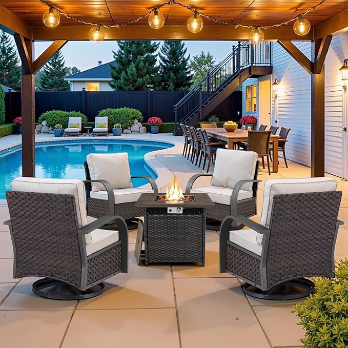 Belord 5 Pieces Patio Furniture Set with Fire Pit Table - 4 Outdoor Swivel Rocker Chairs with 50000 BTU Propane Fire Pit Table, Patio Conversation Sets for Outside Backyard Patio Casual Gathering