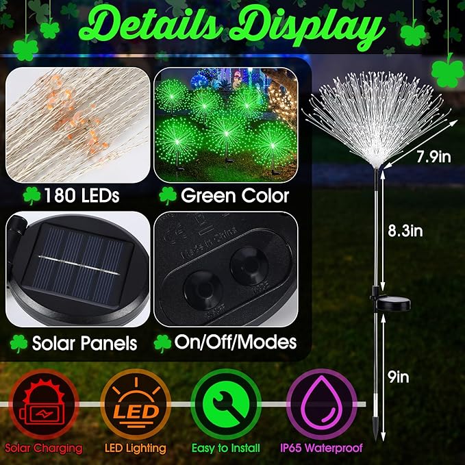 Tujoe 4 Pcs St Patricks Day Solar Lights Solar Firework Lights Decoration 180 LED 8 Modes Waterproof LED Stake Sparkler Decor for Irish Walkway Pathway Driveway Garden Patio Yard Lawn(Green)