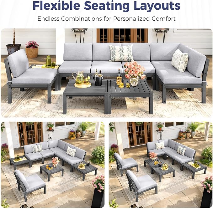 Modular Outdoor Patio Furniture Armless Seat, HIPS All-Weather Outdoor Sectional Sofa with High-Density Thick Cushions, Easy Side Interlock, Patio Seat for Backyard, Balcony, Deck (Grey)