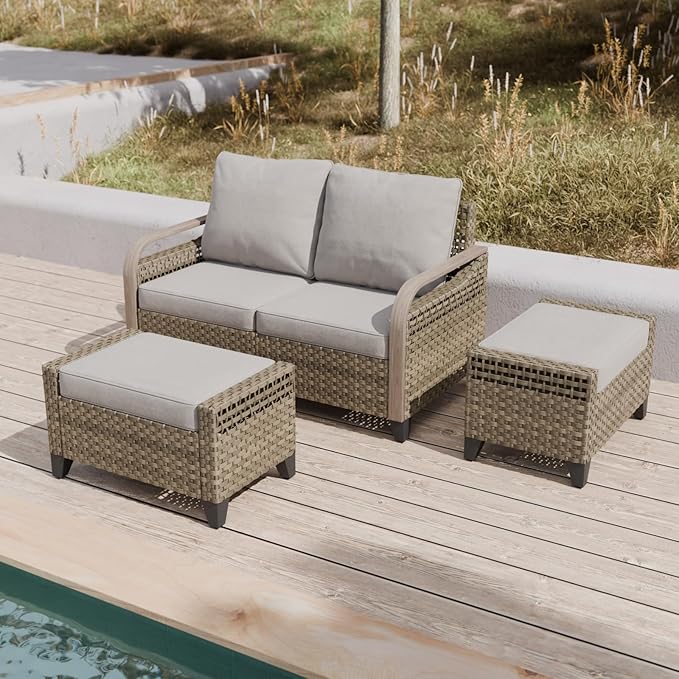 COOS BAY Modern Wicker Outdoor Furniture Set, 3 Piece Patio Conversation Set with a Loveseat and 2 Ottomans, 3 Piece, Brown/Gray