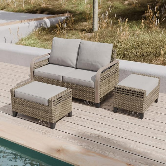 COOS BAY Modern Wicker Outdoor Furniture Set, 3 Piece Patio Conversation Set with a Loveseat and 2 Ottomans, 3 Piece, Brown/Gray