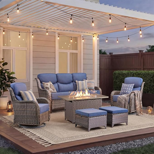 Luxury Patio Furniture Set with Fire Pit Table-6 Pieces All Weather Outdoor Swivel Rocker Chairs with Sofa and Ottomans. Outdoors Patio Conversation Sets for Porch Deck Garden Backyard(Brown/Blue)
