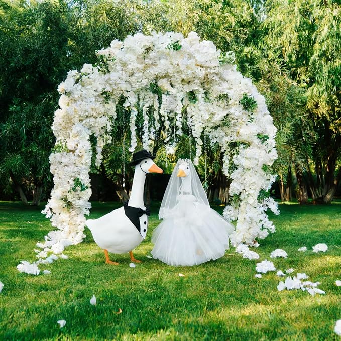 Wedding Porch Goose Outfit Set Bride Groom Costume | Includes Crown Veil Bow Tie Petticoat Collar Necklace Ideal for 23 Inch Outdoor Geese Couple Decor