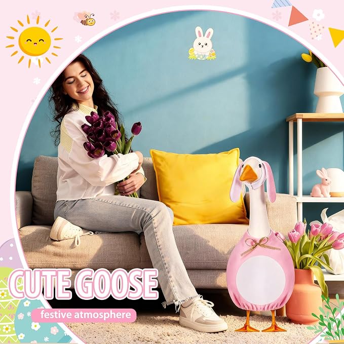 FuWeave Easter Bunny Goose Outfit for 23" Goose Costume for Cement Plastic Porch Geese Statue Spring Outdoor Garden Yard Patio Decoration, Pink