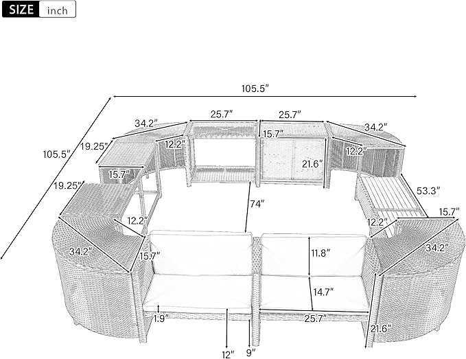 LUMISOL Spa Surround Spa Frame, Quadrilateral Outdoor Rattan Sectional Sofa Set with Sofa, Wood Seats and Storage Spaces for Free Combination, Patio Conversation Set for Poolside Garden, Gray