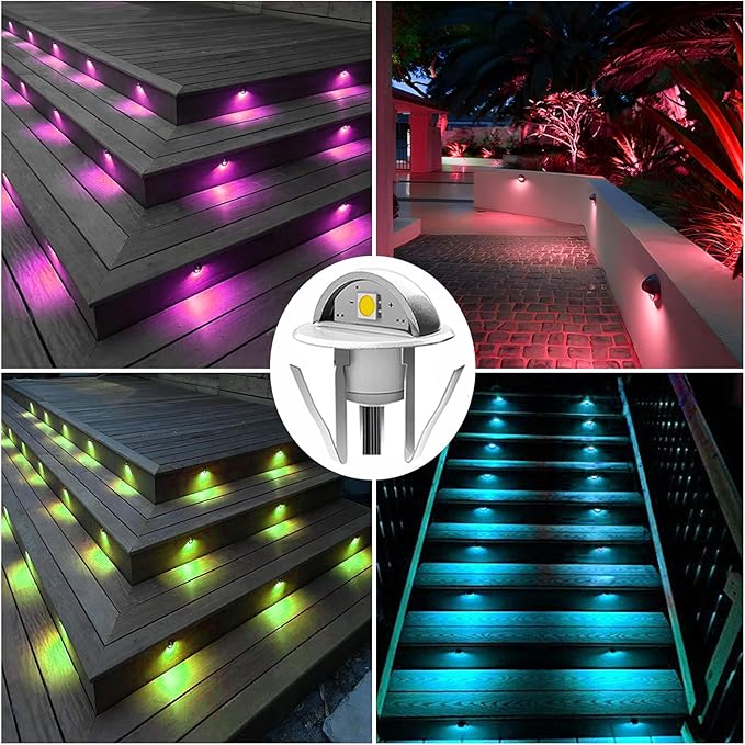 20 Pack LED Stair Lights Kit Outdoor 1-2/5" 0.2W-0.4W Low Voltage Waterproof IP65 Multi-Color RGB Recessed Wood LED Deck Lighting Yard Garden Patio Step Landscape Pathway Decor Lamps