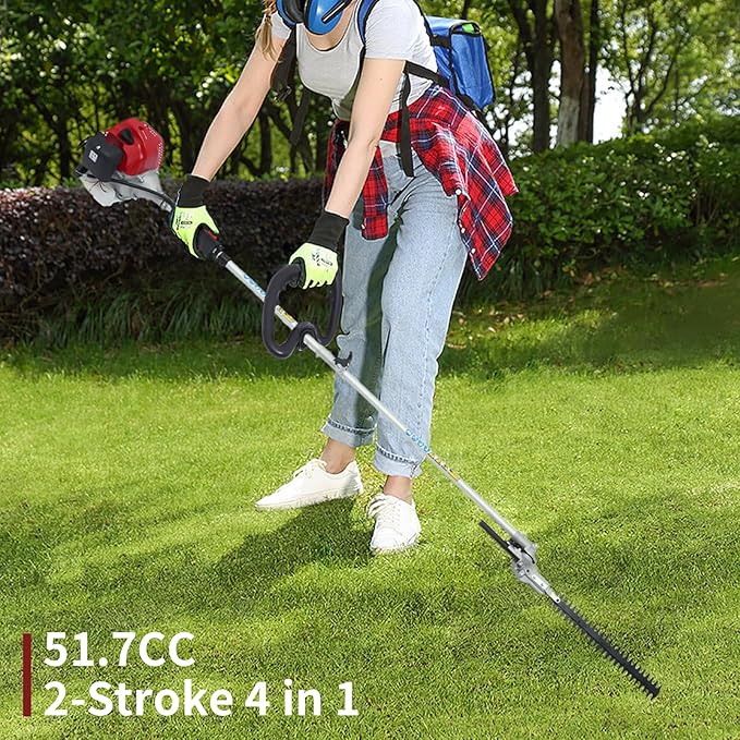 4-in-1 Multi-Functional Trimming Tool 51.7cc 2-Stroke Gas Powred Weed Wacker Hedge Trimmer Brush Cutter Blade Pole Saw for Gardens, Parks, Yards, 6500RPM