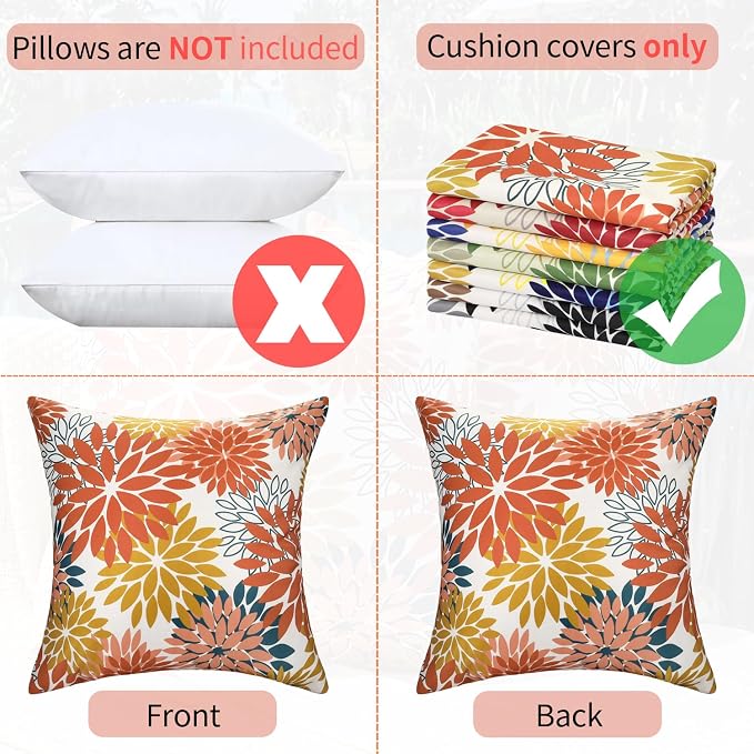 Set of 2 Dahlia Waterproof Throw Pillow Covers Outdoor Decorative Flowers Cushion Covers 18×18 Inch Spring Summer Pillowcases with Invisible Zipper for Couch Bench Garden Patio Funiture
