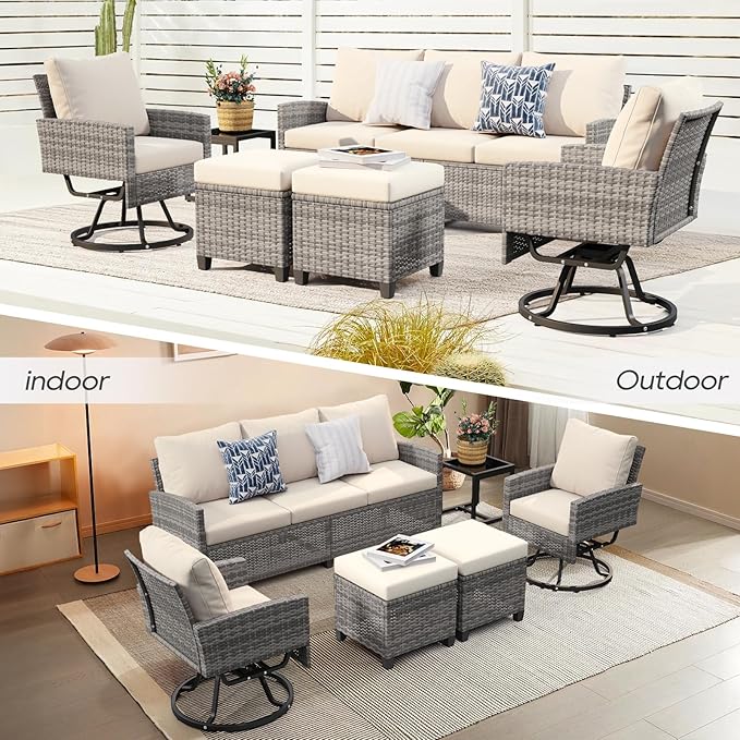 6 Piece Outdoor Furniture Set, Rattan Patio Furniture with 2 Swivel Chairs, 3-Seat Sofa, 2 Ottoman & Side Table, All-Weather Conversation Set for Porch Garden Lawn Balcony (Gray & Beige)