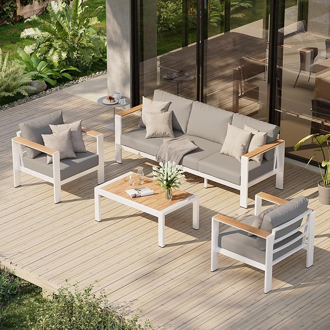 Aluminum Outdoor Patio Furniture Set with Coffee Table, 4 Piece Outdoor Conversation Sets with Washable Thick Cushions, Patio Sectional Furniture Set for Porch, Balcony, Deck, White
