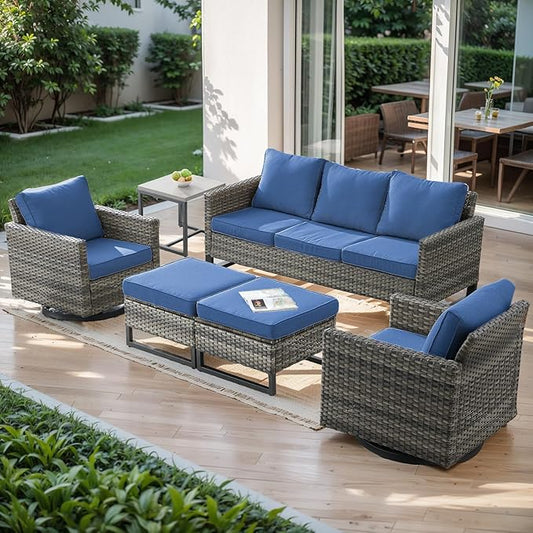 Wicker Outdoor Patio Furniture Set - 6 Piece Patio Conversation Set with 2 Swivel Rocker Chairs,2 Rattan Ottoman,1 Couch and 1 Metal Side Table for Outside Porch Deck Backyard(Mixed Grey/Blue)