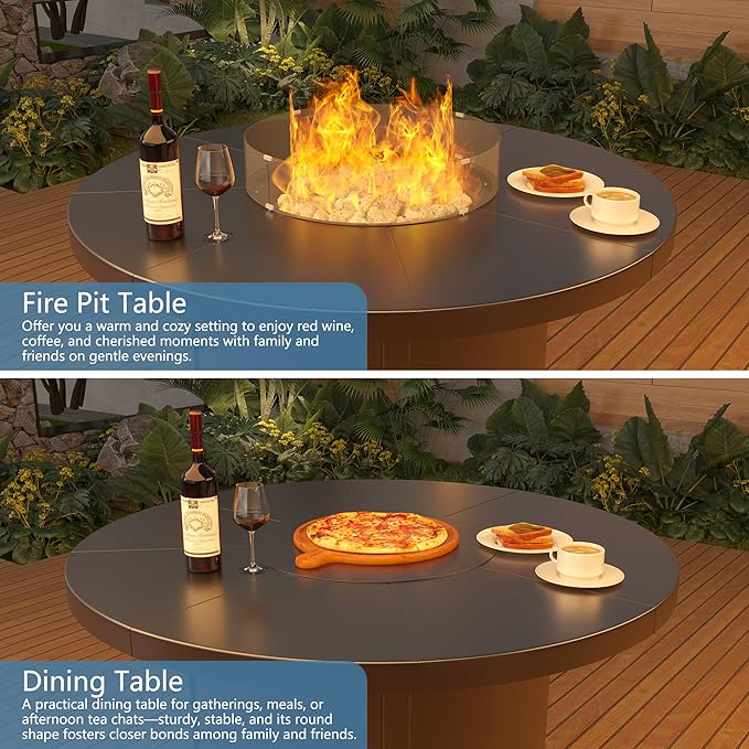 7 Pieces Outdoor Patio Furniture Set with 48" Round Propane Fire Pit Table,Patio Dining Set Outdoor Conversation Sets 6 Chairs for Deck,Backyard and Garden,Grey