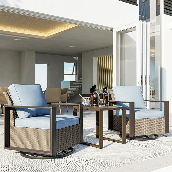 3 Piece Patio Chair Set, Outdoor Swivel Rocker Patio Chairs and Side Table, Metal Patio Furniture with Deep Seating, Thicken Cushions for Deck, Porch, Yard Use (Azure, 3 PCS/Swivel)