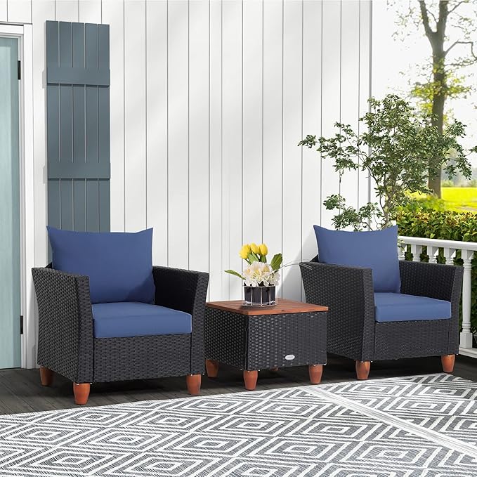 COSTWAY 3 Pieces Patio Rattan Furniture Set, Outdoor Wicker Conversation Chairs Set with Acacia Wood Coffee Table & Washable Cushion, Porch Furniture Bistro Set for Balcony, Garden, Backyard, Navy