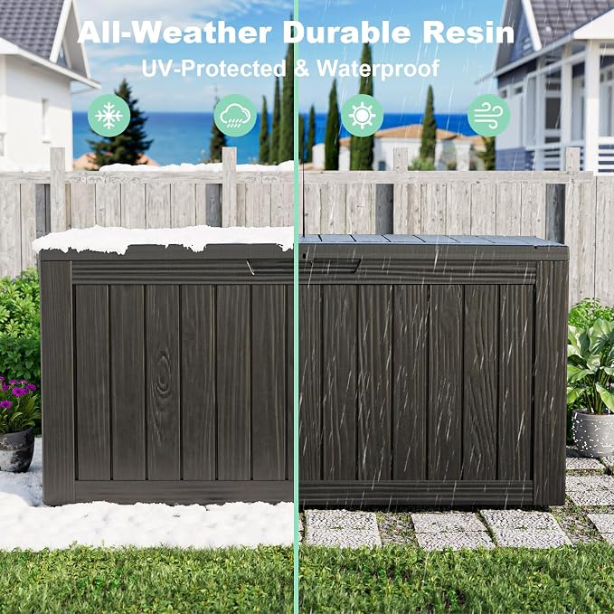 ROJIK 90 Gallon Deck Box Outdoor, Waterproof Outdoor Storage Boxes with Lids, Outside Resin Lockable Storage Box for Patio Cushions, Garden Tools(Black)