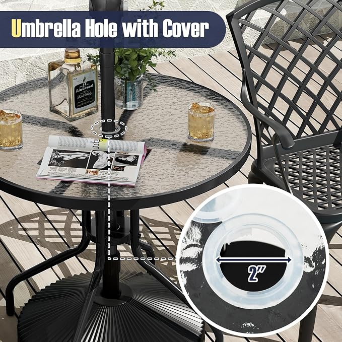 HAPPYGRILL Outdoor Bistro Table, 32" Patio Round Dining Table with Tempered Glass Tabletop & 2" Umbrella Hole, for Garden Backyard Poolside Porch