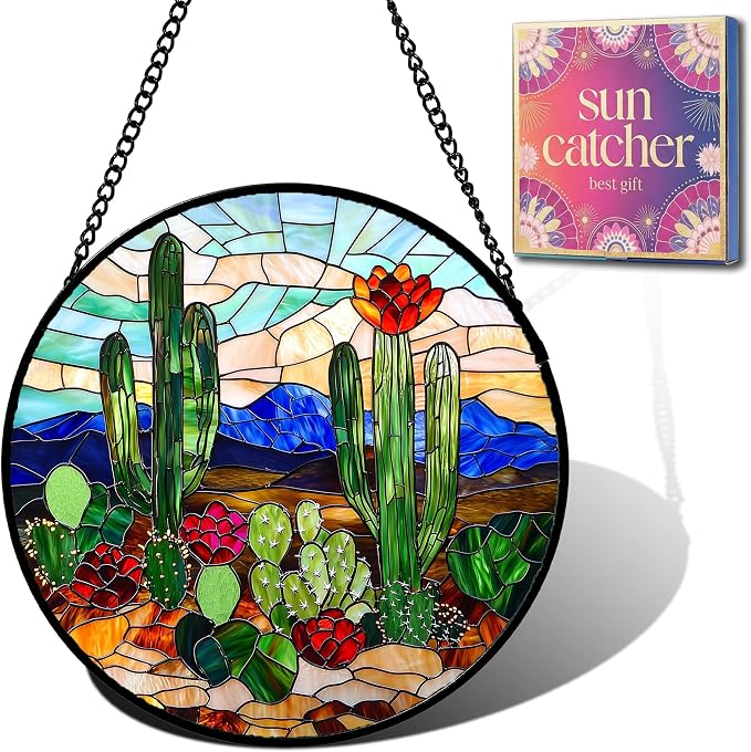 Birthday Gifts for Women - Cactus Flower Fairy Faux Stained Glass Window Hanging Sun Catcher for Door Garden Acrylic Home Decor Mother's Day for Mom Nana Friend Grandma Wife 6.3"