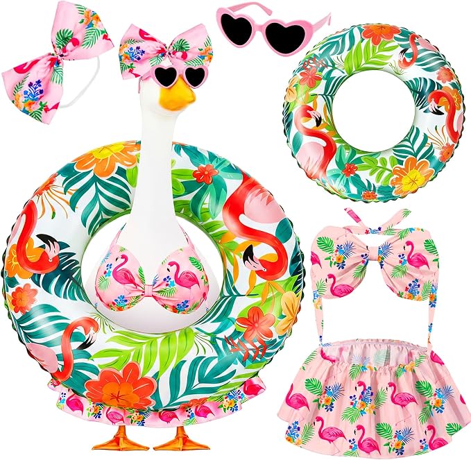 23 in Porch Goose Summer Outfit Bikini, Hawaiian Porch Goose Swimsuit Clothes Costume Accessories with Bow Glasses Swim Ring for 23" Summer Goose Garden Patio Statue Decor (Flamingos)