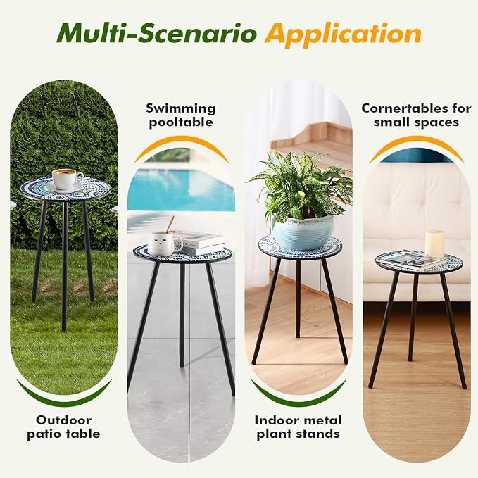 1 Pack Metal Outdoor Side Table Small Outside Round End Table for Patio Modern Accent Garden Corner Table for Small Spaces, Balcony, Porch, Weather-Resistant, Plant Stand Indoor, Round Mosaic