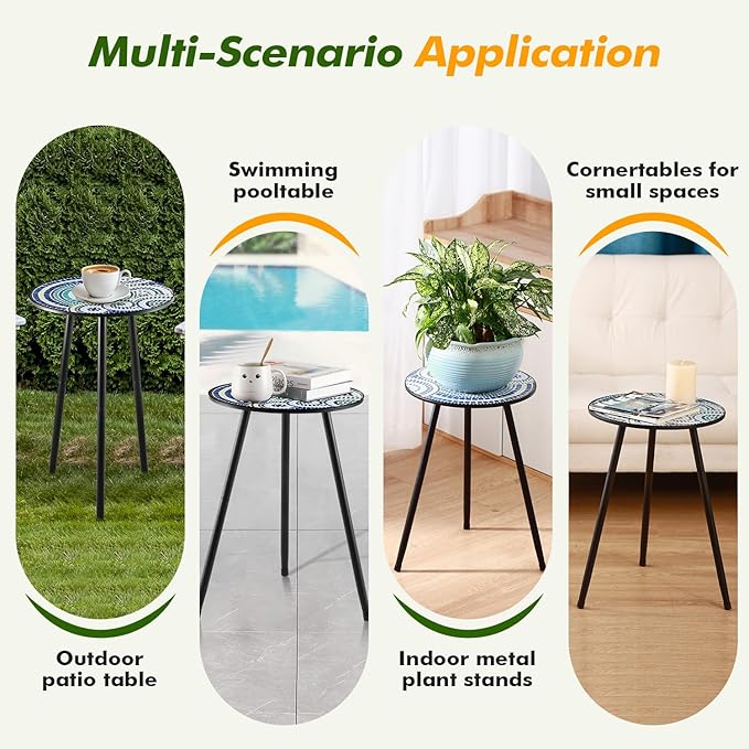 Party Zealot 2 Packs Metal Mosaic Round Side Tables 13.4" Small Outdoor Patio Round Accent Coffee Tables Indoor Corner Stand for Small Spaces Weather-Resistant for Balcony, Porch Plant Stands Indoor
