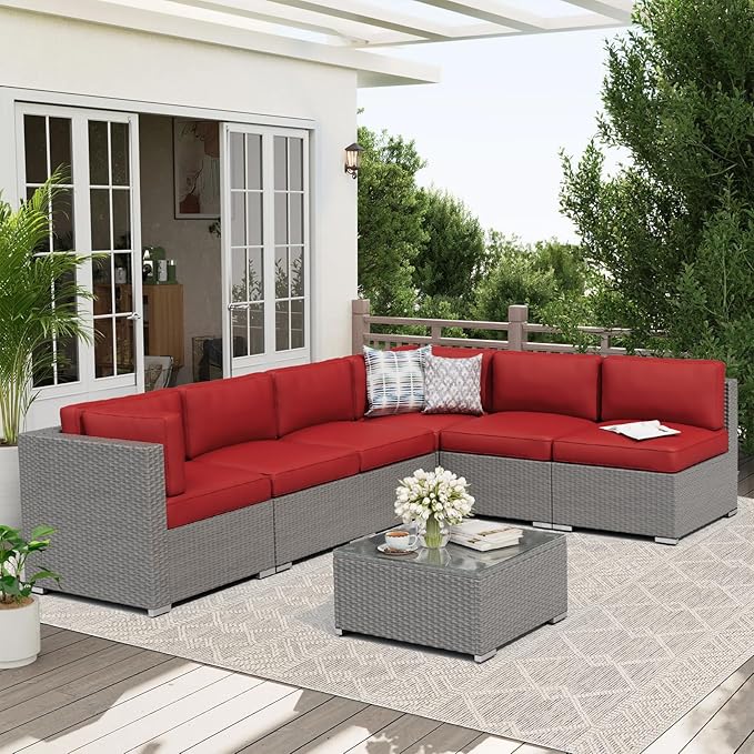 Oakcloud 7-Piece Outdoor Patio Furniture Sofa Set Grey Rattan Wicker Sectional Conversation Sets with Glass Top Table and Cushions(Red)
