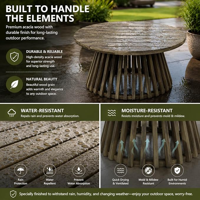 Round Outdoor Coffee Table for Patio, 31.5 Inch Acacia Wood Side Table with Slatted Pedestal Base, Farmhouse Outside Coffee Table for Garden, Balcony, Poolside, Porch, Weather-Resistant, Grey