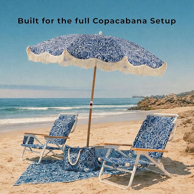 6FT Fringe Beach Umbrella for Sand, Boho Coastal Patio Umbrella with Tassels, UPF 50+ Sun Protection, Tilt, Carry Bag for Beach Vacation & Pool, Reef Indigo