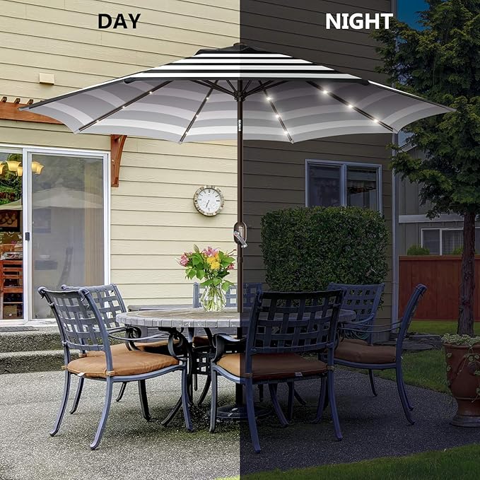 9ft Patio Umbrella with Solar Lights, Outdoor Umbrella with 24 LED Solar Umbrella Lights, Solar Patio Umbrella with Push Botton Tilt & Crank Ideal for Garden, Backyard & Pool, Black Stripe