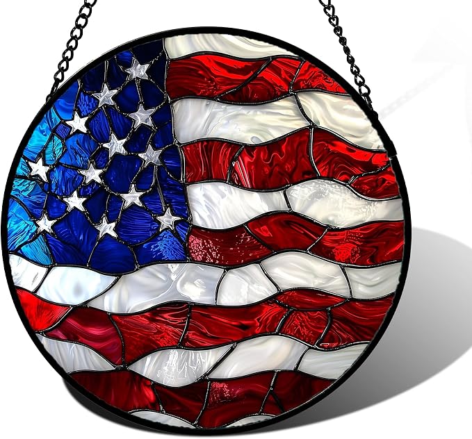 DASTOLL Stained Glass Window Hanging, Blue, White Red National Flag Pattern Sun Catchers Diamond Glass Panel Window Hangings Decor for Birthday Gifts for Women, Men, and Mom 6.3x6.3 in
