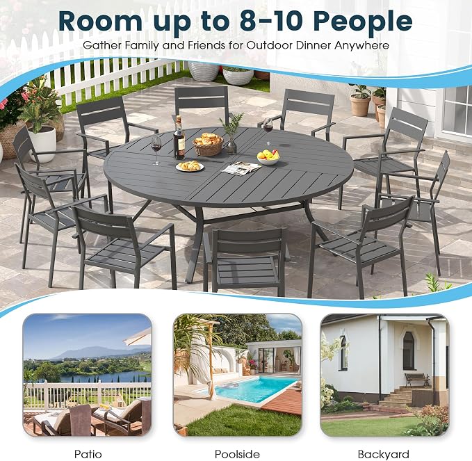 Patio Dining Table for 8-10, Round Metal Outdoor Table with Storage Shelf, 1.57" Umbrella Hole, 63" Outdoor Quartered Tabletop Dining Table for Backyard, Porch, Lawn, Dark Grey