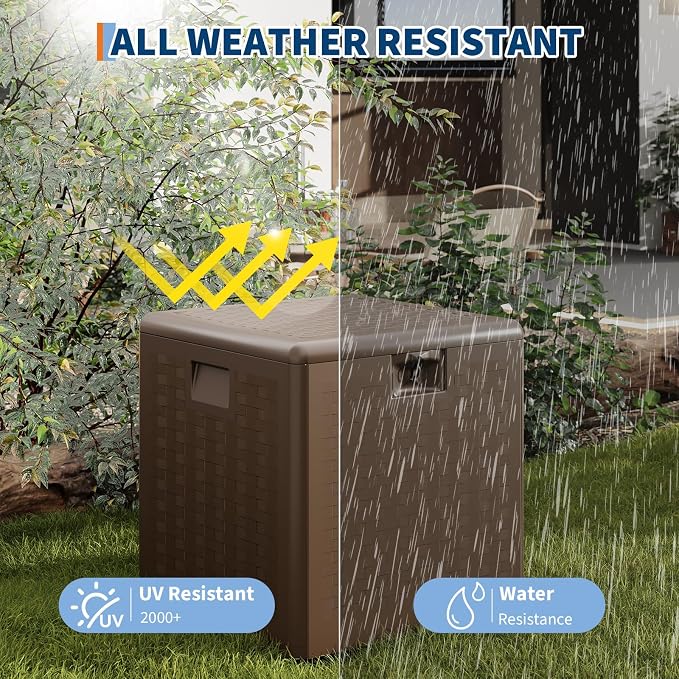 Garvee 28 gal Outdoor Storage Box with Lid, Weather-Resistant Plastic Deck Box, Lockable Outdoor Storage Bin for Patio Furniture, Gardening Tools and Accessories, Brown