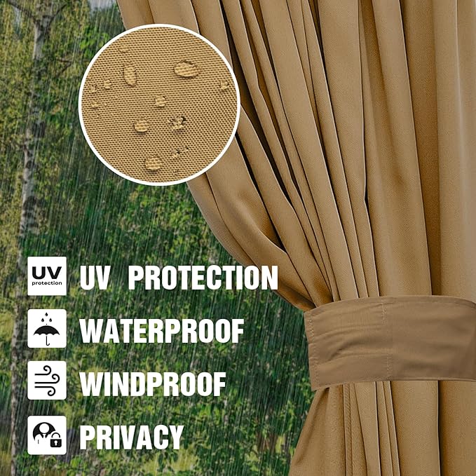 10'x10' Privacy Gazebo Curtains Outdoor Waterproof, 4-Panels Sidewall Curtains Universal Replacement with Zipper for Patio, Backyard, Garden (Only Curtains, Khaki)