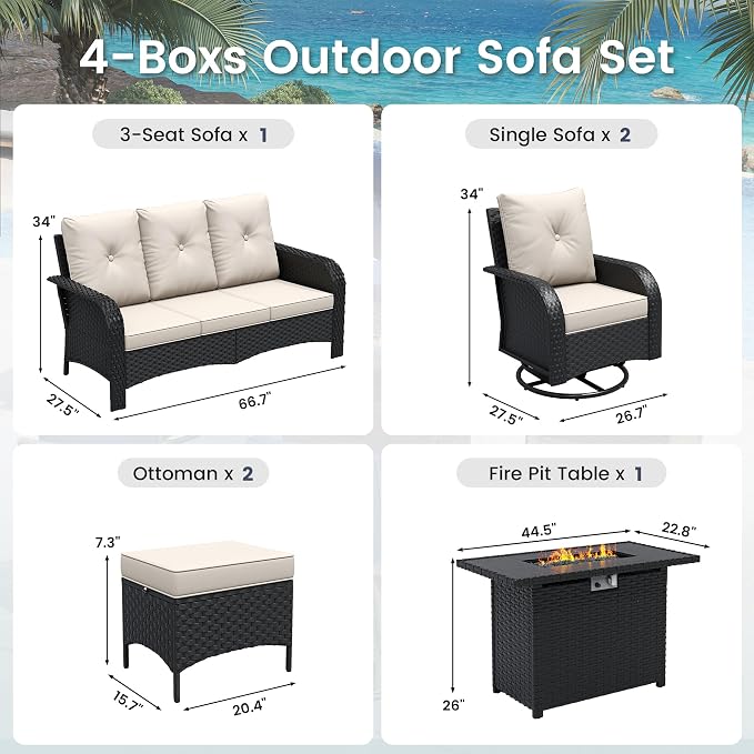 UDPATIO Patio Furniture Set with 44" Fire Pit Table, High Back 2 Swivel Rocker Chairs, Wicker Outdoor Conversation Sets with Thick Cushions & Ottoman, for Garden, Porch