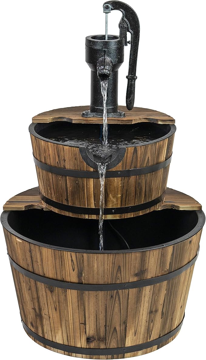 Sun-Ray 2-Tier Rustic Outdoor Fountain, 24in. Wide Garden Decor Water Fountain with Submersible Electric Pump and Cast Iron Hand Pump Accessory for Patio, Garden, and Yard